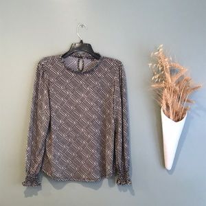 Adrianna Papell Ruffle Neck Cinched Wrist Blouse Black And Tan. Size Small.